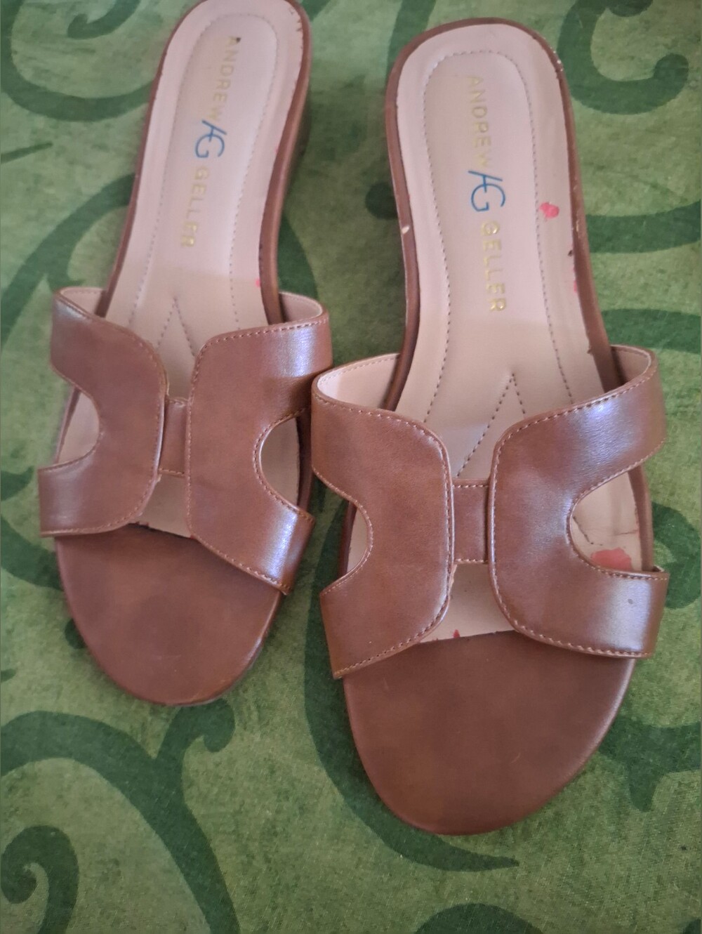 Andrew Geller Brown Leather Cutout Slide Sandals